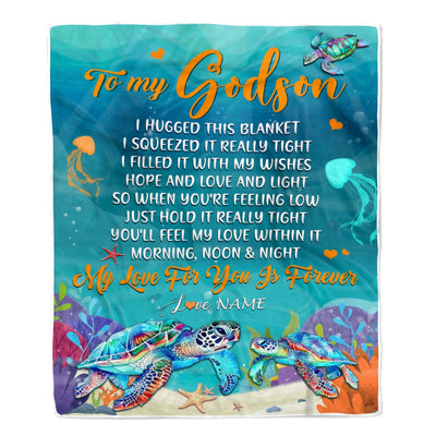 Personalized To My Godson Blanket From Godmother Aunt I Hugged This Blanket Turtle Beach Godson Birthday Thanksgiving Christmas Customized Bed Fleece Blanket | siriusteestore