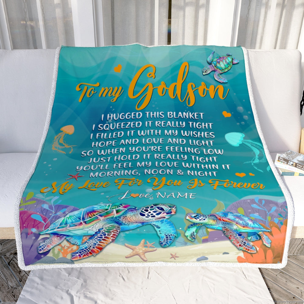 Personalized To My Godson Blanket From Godmother Aunt I Hugged This Blanket Turtle Beach Godson Birthday Thanksgiving Christmas Customized Bed Fleece Blanket | siriusteestore