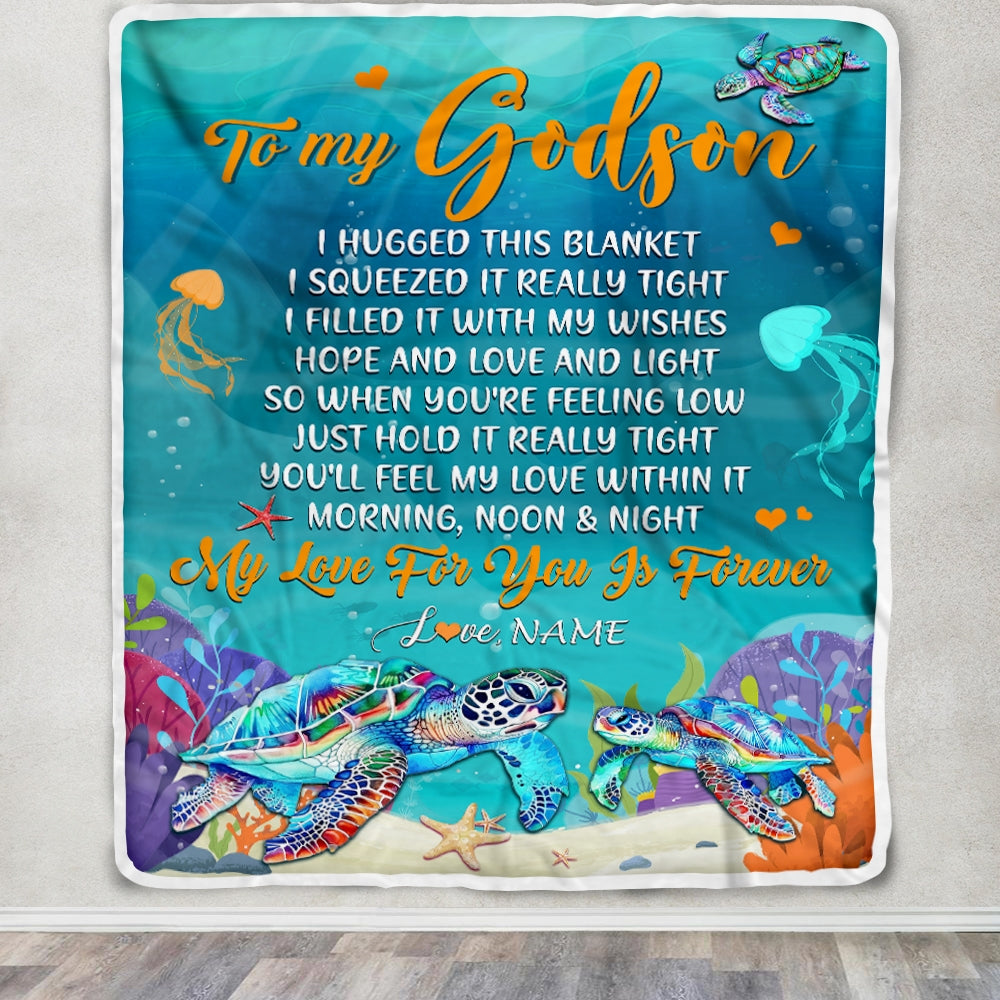 Personalized To My Godson Blanket From Godmother Aunt I Hugged This Blanket Turtle Beach Godson Birthday Thanksgiving Christmas Customized Bed Fleece Blanket | siriusteestore