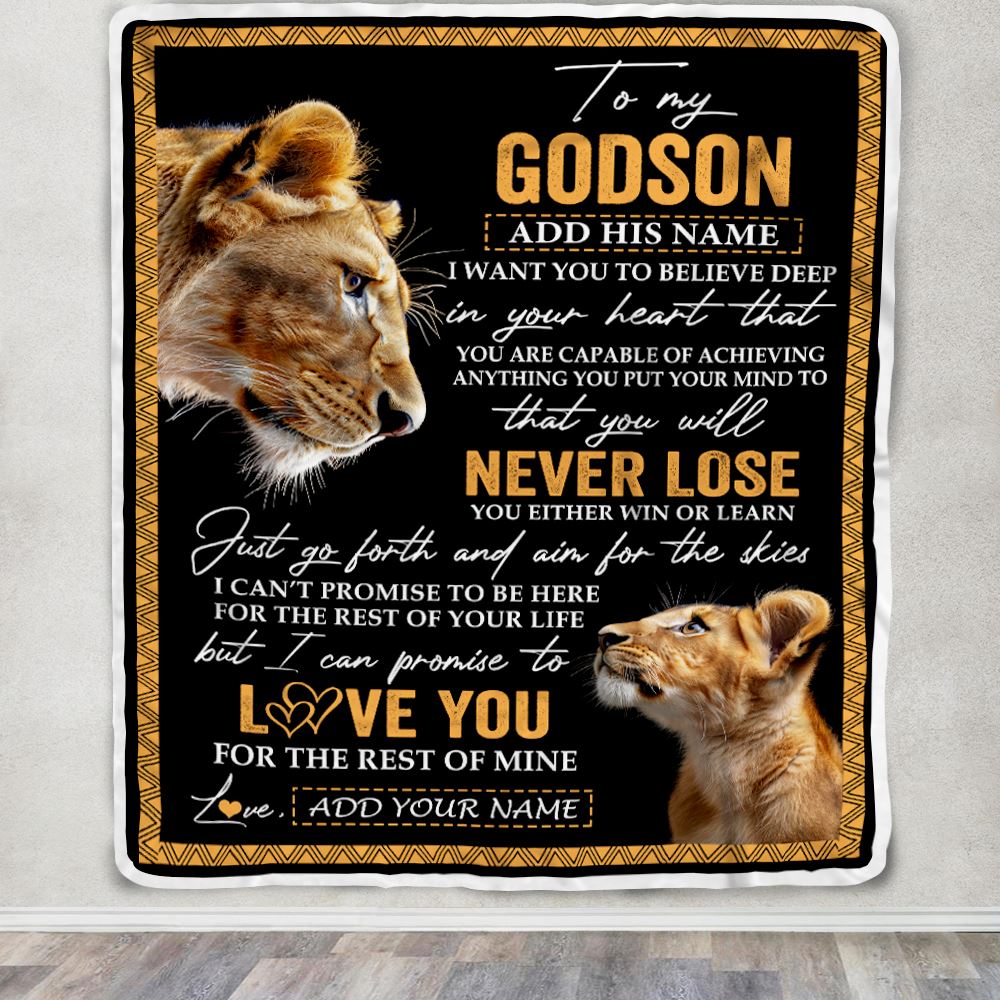 Personalized To My Godson Blanket From Godmother Aunt You Will Never Lose Lion Godson Birthday Gifts Graduation Christmas Customized Fleece Throw Blanket | siriusteestore