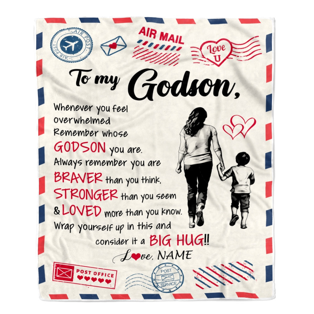 Personalized To My Godson Blanket From Godmother Braver Stronger Loved Airmail Godson Birthday Graduation Christmas Customized Bed Fleece Throw Blanket | siriusteestore