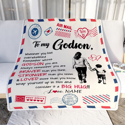 Personalized To My Godson Blanket From Godmother Braver Stronger Loved Airmail Godson Birthday Graduation Christmas Customized Bed Fleece Throw Blanket | siriusteestore
