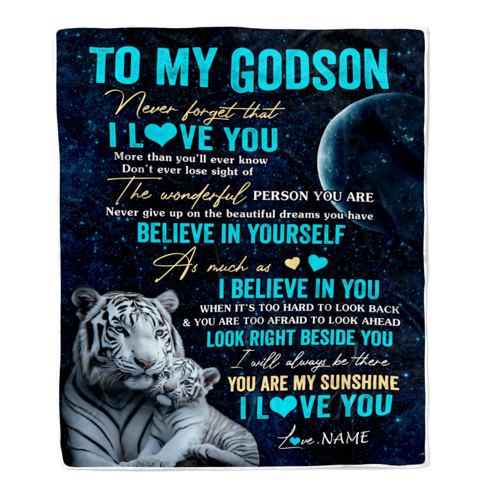 Personalized To My Godson Blanket From Godmother Godfather Never Forget I Love You White Tiger Godchild Godson Graduation Christmas Customized Fleece Blanket | siriusteestore