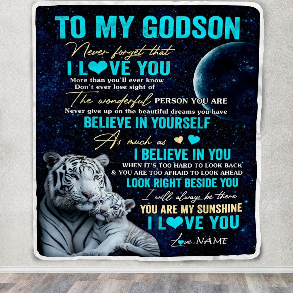 Personalized To My Godson Blanket From Godmother Godfather Never Forget I Love You White Tiger Godchild Godson Graduation Christmas Customized Fleece Blanket | siriusteestore