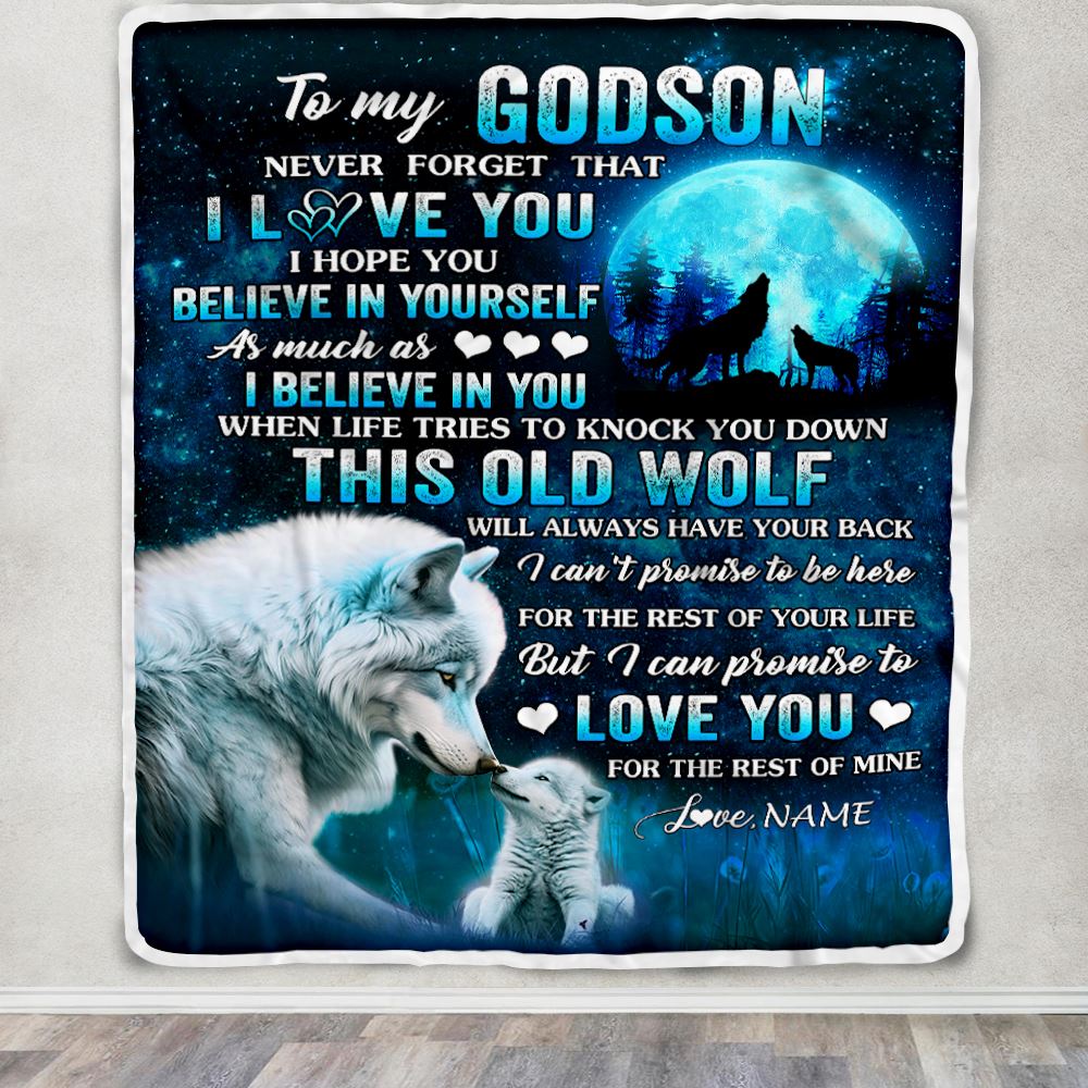 Personalized To My Godson Blanket From Godmother Godfather This Old Wolf Love Godson Birthday Gifts Graduation Christmas Customized Bed Fleece Throw Blanket | siriusteestore