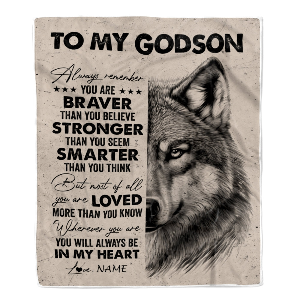 Personalized To My Godson Blanket From Godmother Godfather Wolf Braver Stronger Smarter Godson Birthday Graduation Christmas Customized Bed Fleece Blanket | siriusteestore