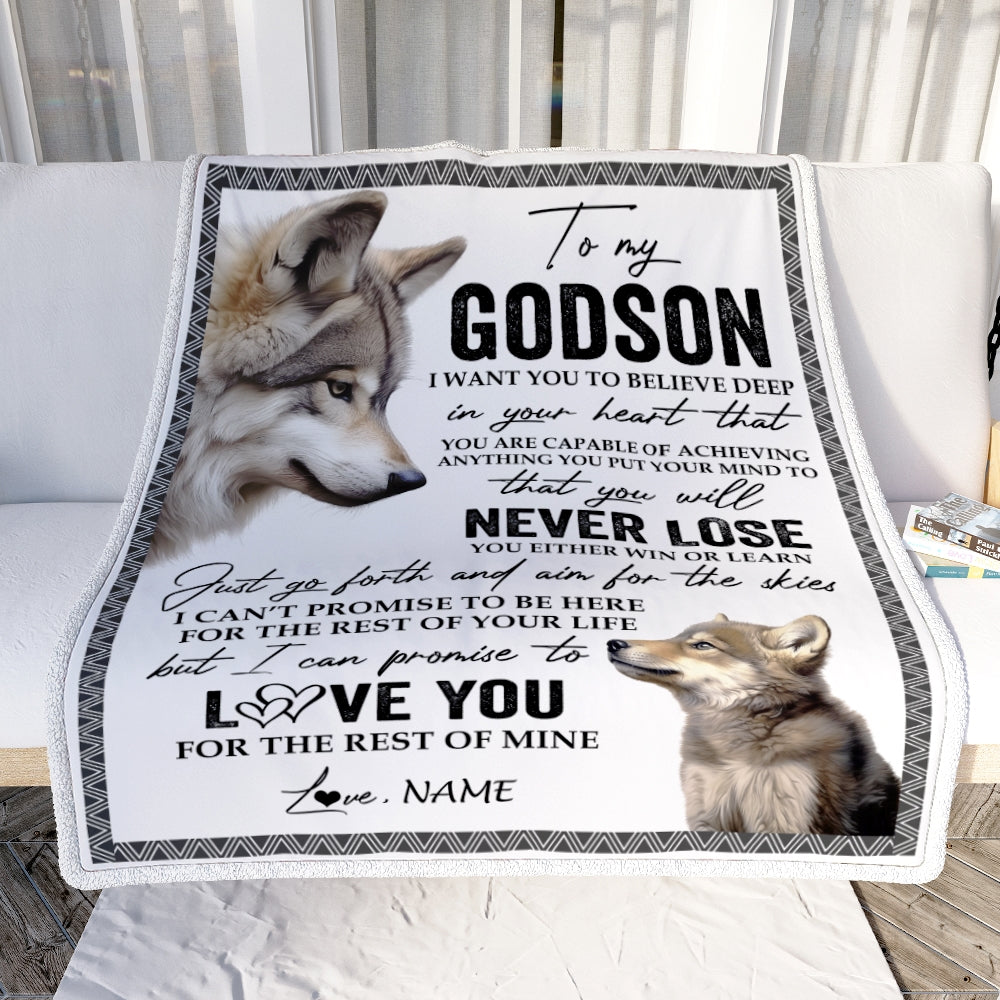 Personalized To My Godson Blanket From Godmother Godfather You Will Never Lose Wolf Godson Birthday Graduation Christmas Customized Bed Quilt Fleece Blanket | siriusteestore