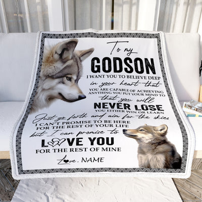 Personalized To My Godson Blanket From Godmother Godfather You Will Never Lose Wolf Godson Birthday Graduation Christmas Customized Bed Quilt Fleece Blanket | siriusteestore