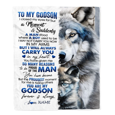 Personalized To My Godson Blanket From Godmother I Close My Eyes For But A Moment Wolf Godson Birthday Graduation Christmas Customized Gift Fleece Blanket | siriusteestore