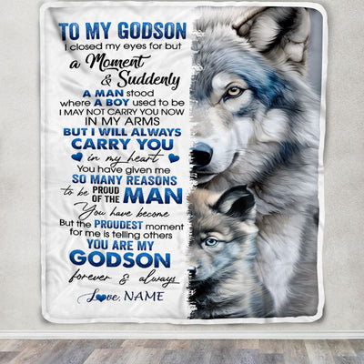 Personalized To My Godson Blanket From Godmother I Close My Eyes For But A Moment Wolf Godson Birthday Graduation Christmas Customized Gift Fleece Blanket | siriusteestore