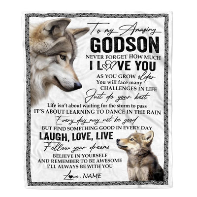 Personalized To My Godson Blanket From Godmother Just Do You Best Laugh Love Live Wolf Godchild Birthday Graduation Christmas Customized Fleece Throw Blanket | siriusteestore
