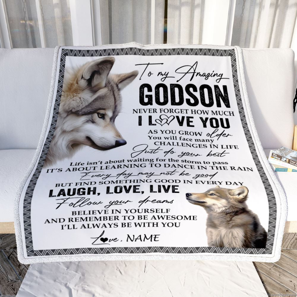 Personalized To My Godson Blanket From Godmother Just Do You Best Laugh Love Live Wolf Godchild Birthday Graduation Christmas Customized Fleece Throw Blanket | siriusteestore