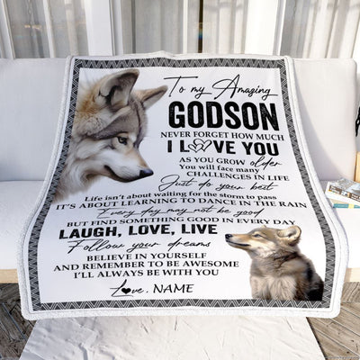 Personalized To My Godson Blanket From Godmother Just Do You Best Laugh Love Live Wolf Godchild Birthday Graduation Christmas Customized Fleece Throw Blanket | siriusteestore