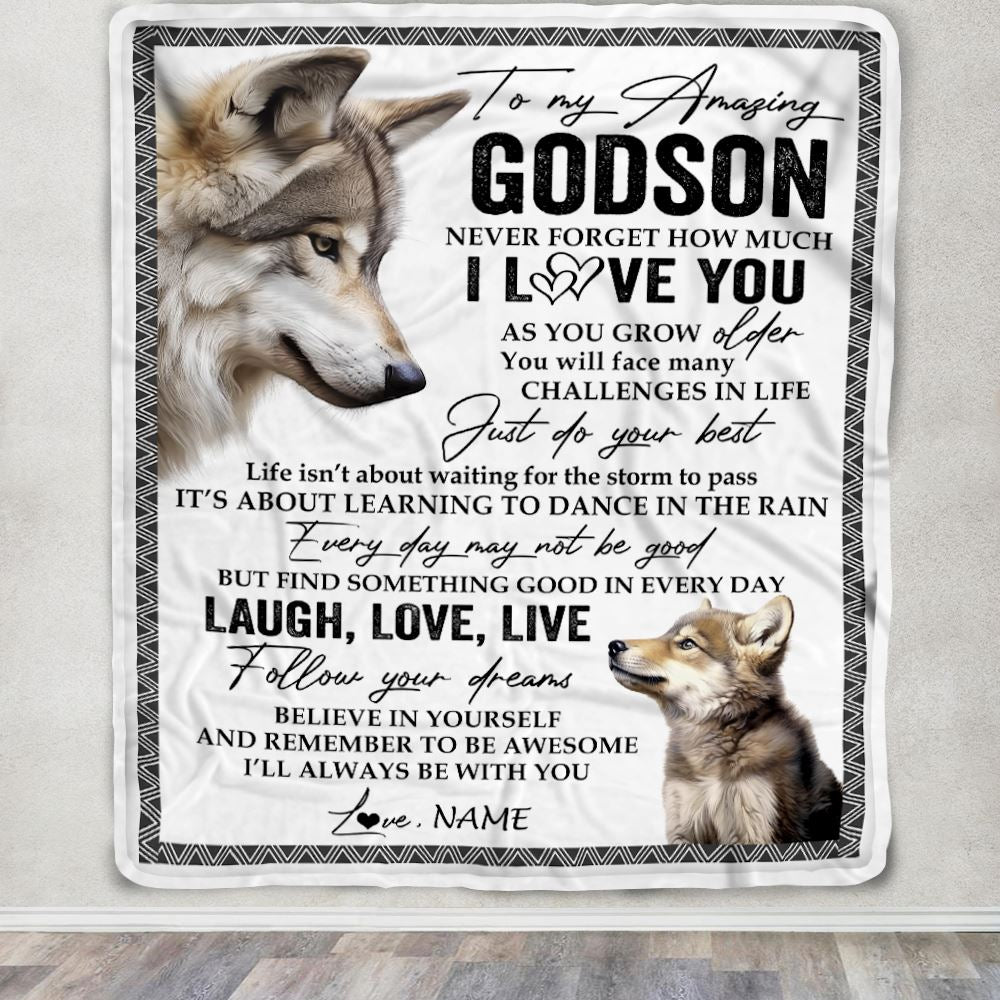 Personalized To My Godson Blanket From Godmother Just Do You Best Laugh Love Live Wolf Godchild Birthday Graduation Christmas Customized Fleece Throw Blanket | siriusteestore