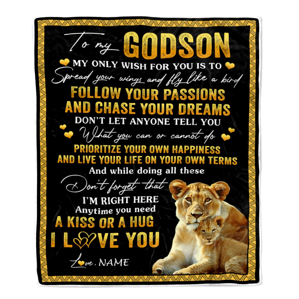Personalized To My Godson Blanket From Godmother Lion My Only Wish For You Godson Birthday Graduation Christmas Customized Bed Fleece Throw Blanket | siriusteestore