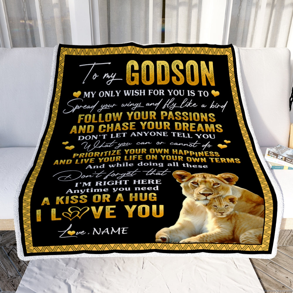 Personalized To My Godson Blanket From Godmother Lion My Only Wish For You Godson Birthday Graduation Christmas Customized Bed Fleece Throw Blanket | siriusteestore