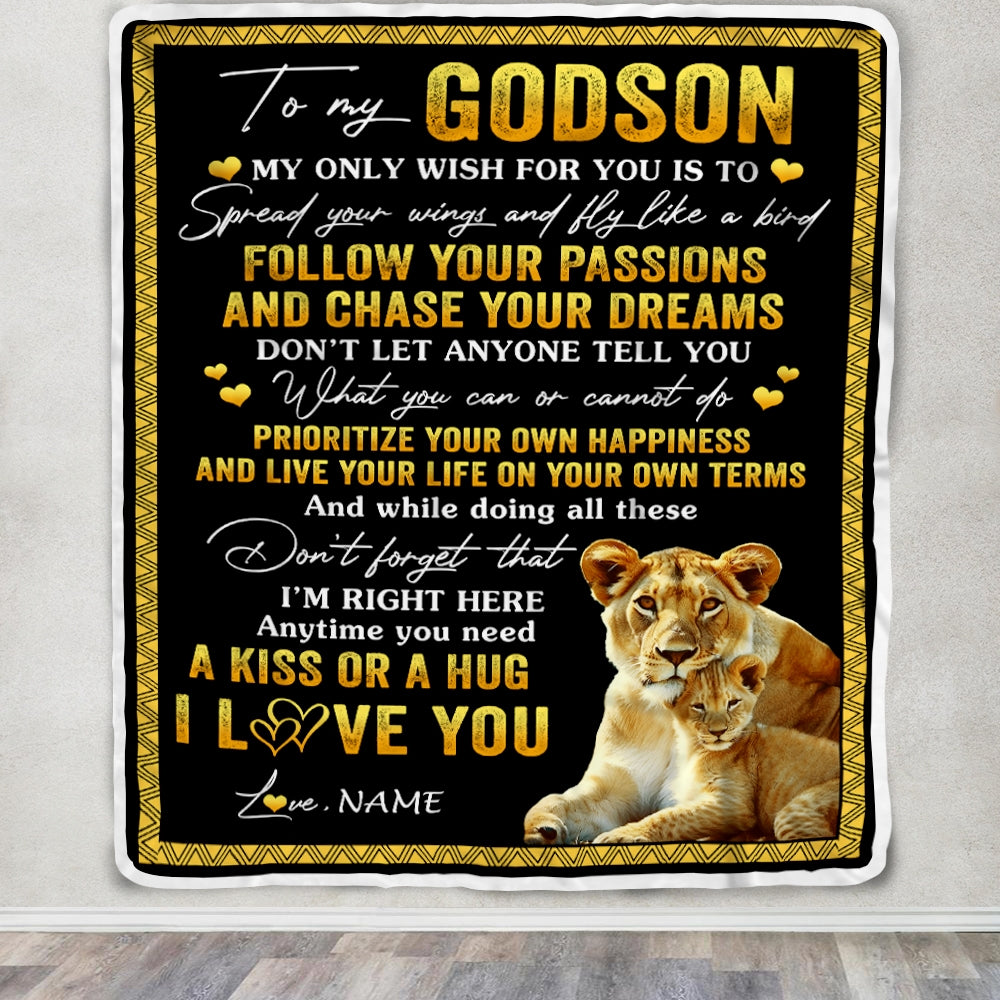 Personalized To My Godson Blanket From Godmother Lion My Only Wish For You Godson Birthday Graduation Christmas Customized Bed Fleece Throw Blanket | siriusteestore