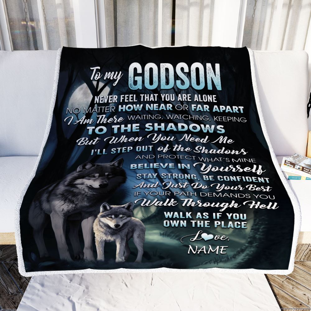 Personalized To My Godson Blanket From Godmother Never Feel That You Are Alone Wolf Godson Birthday Graduation Christmas Customized Gift Bed Fleece Blanket | siriusteestore