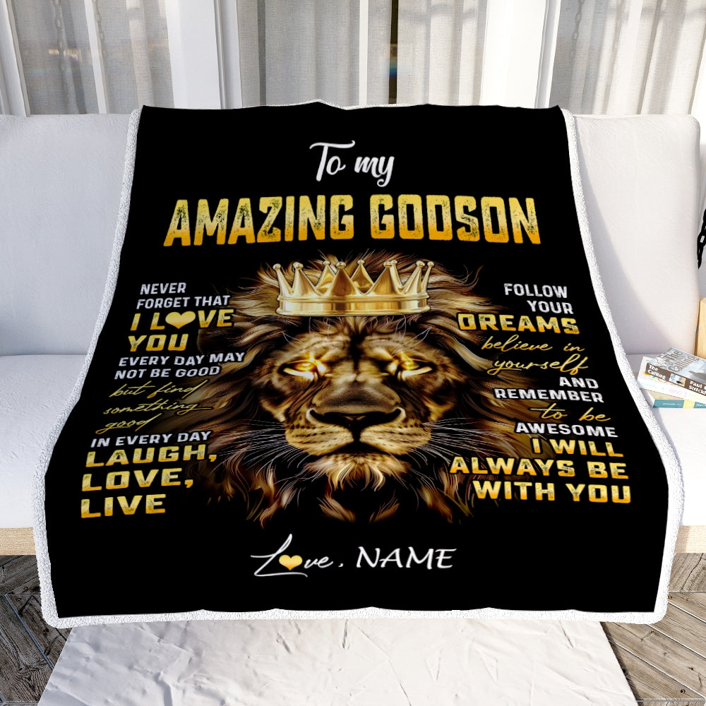 Personalized To My Godson Blanket From Godmother Never Forget I Love You Lion Godson Birthday Graduation Christmas Customized Bed Fleece Throw Blanket | siriusteestore