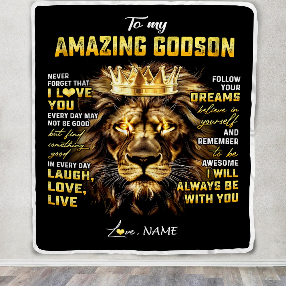 Personalized To My Godson Blanket From Godmother Never Forget I Love You Lion Godson Birthday Graduation Christmas Customized Bed Fleece Throw Blanket | siriusteestore