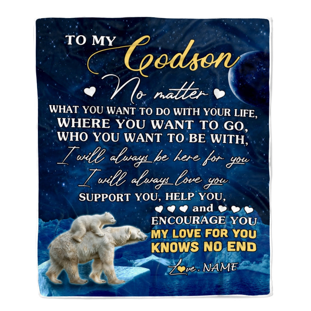 Personalized To My Godson Blanket From Godmother Polar Bear I Will Always Love You Godson Birthday Graduation Christmas Customized Bed Fleece Throw Blanket | siriusteestore