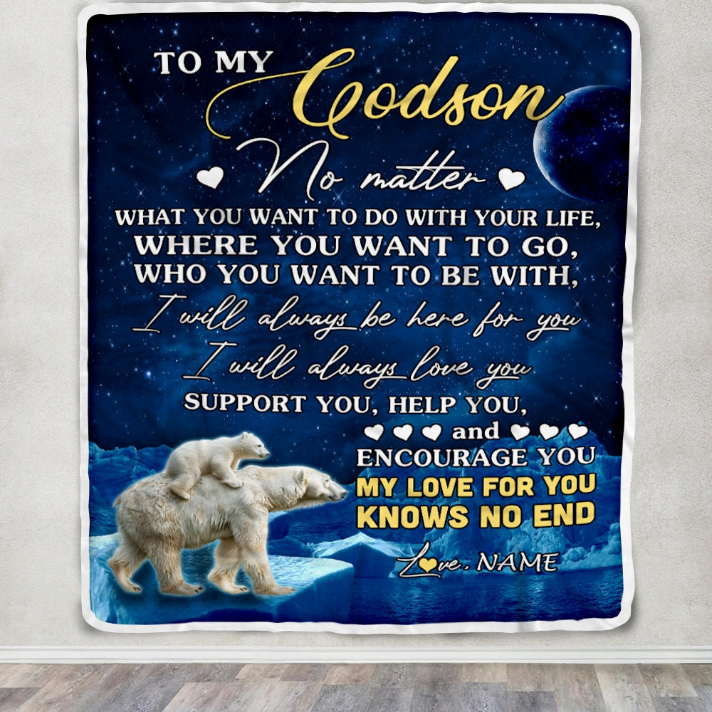 Personalized To My Godson Blanket From Godmother Polar Bear I Will Always Love You Godson Birthday Graduation Christmas Customized Bed Fleece Throw Blanket | siriusteestore