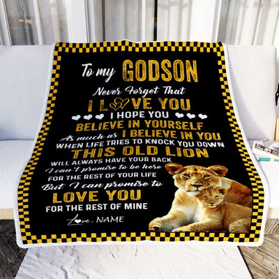 Personalized To My Godson Blanket From Godmother This Old Lion Love You Godson Birthday Graduation Christmas Customized Bed Fleece Throw Blanket | siriusteestore