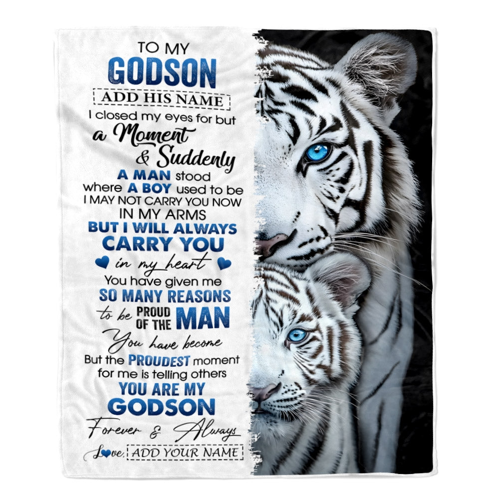 Personalized To My Godson Blanket From Godmother Uncle Godmother I Close My Eyes White Tiger Godson Birthday Gifts Graduation Christmas Fleece Throw Blanket | siriusteestore