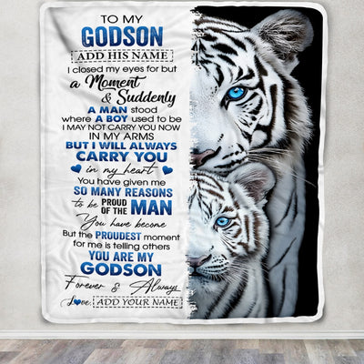 Personalized To My Godson Blanket From Godmother Uncle Godmother I Close My Eyes White Tiger Godson Birthday Gifts Graduation Christmas Fleece Throw Blanket | siriusteestore