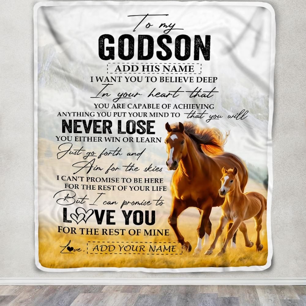 Personalized To My Godson Blanket From Godmother Uncle You Will Never Lose Horse Godson Birthday Gifts Graduation Christmas Customized Fleece Throw Blanket | siriusteestore