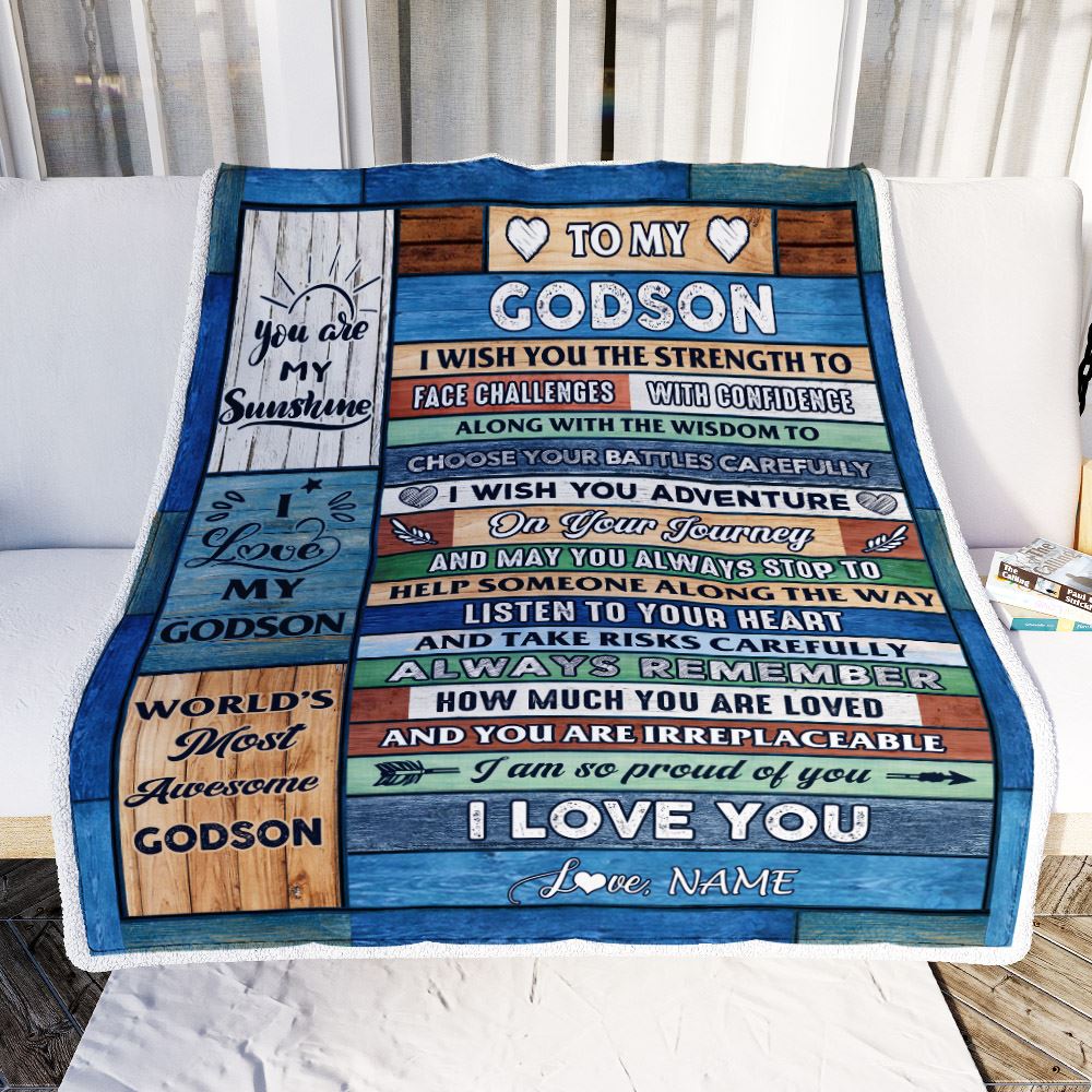 Personalized To My Godson Blanket From Godmother Wood I Am So Proud Of You I Love You Godchild Birthday Graduation Christmas Customized Bed Fleece Blanket | siriusteestore
