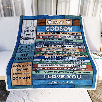 Personalized To My Godson Blanket From Godmother Wood I Am So Proud Of You I Love You Godchild Birthday Graduation Christmas Customized Bed Fleece Blanket | siriusteestore