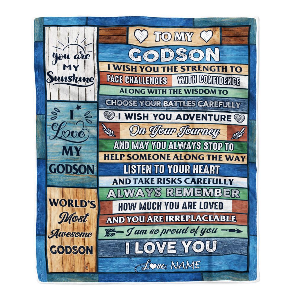 Personalized To My Godson Blanket From Godmother Wood Remember To Be Awesome Godson Birthday Graduation Christmas Customized Bed Fleece Blanket | siriusteestore