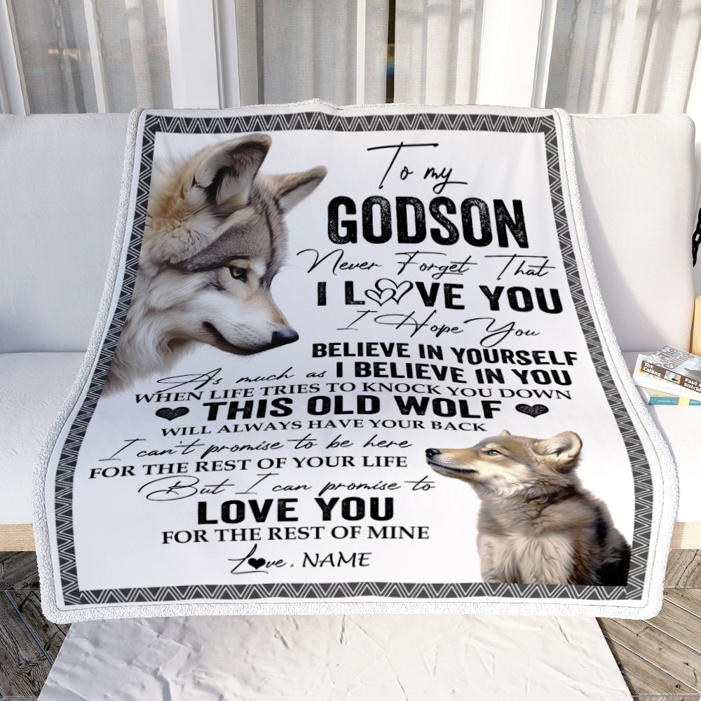 Personalized To My Godson Blanket From Uncle Aunt Auntie This Old Wolf Love You Godson Birthday Gifts Graduation Christmas Customized Fleece Blanket | siriusteestore
