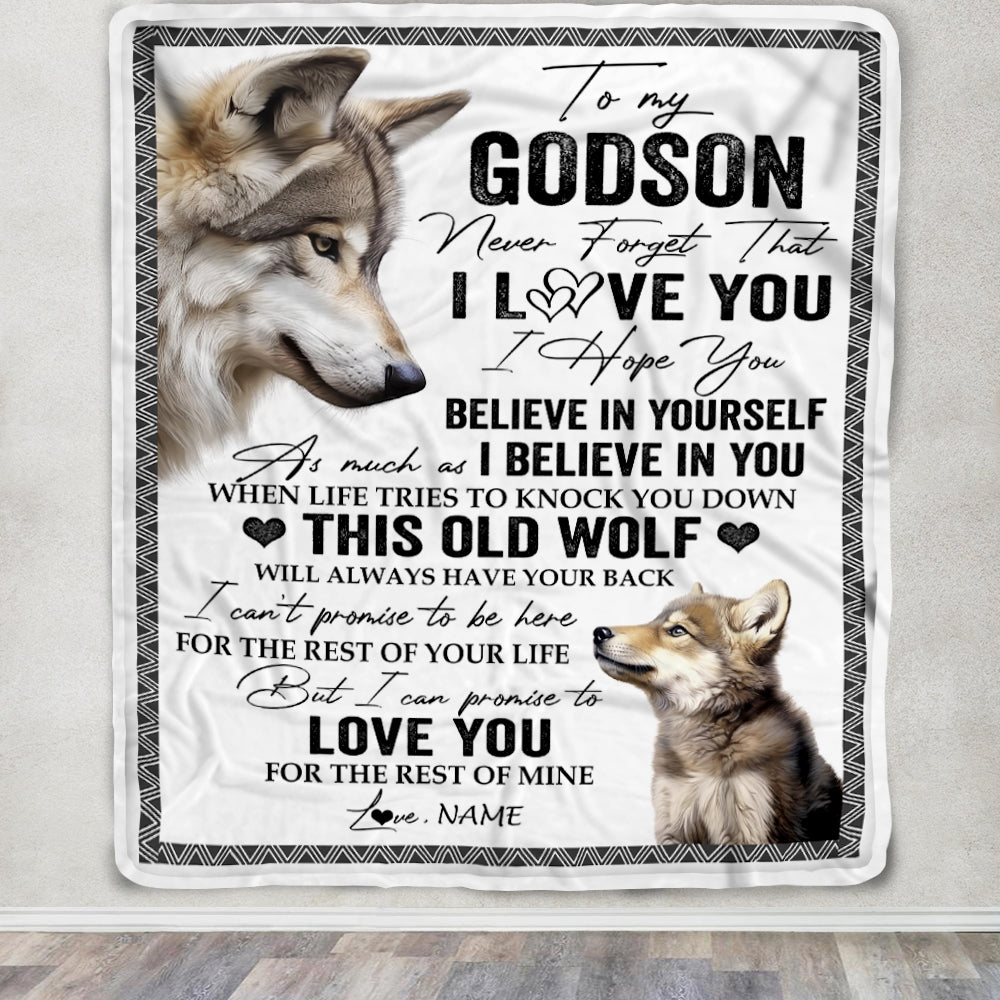 Personalized To My Godson Blanket From Uncle Aunt Auntie This Old Wolf Love You Godson Birthday Gifts Graduation Christmas Customized Fleece Blanket | siriusteestore