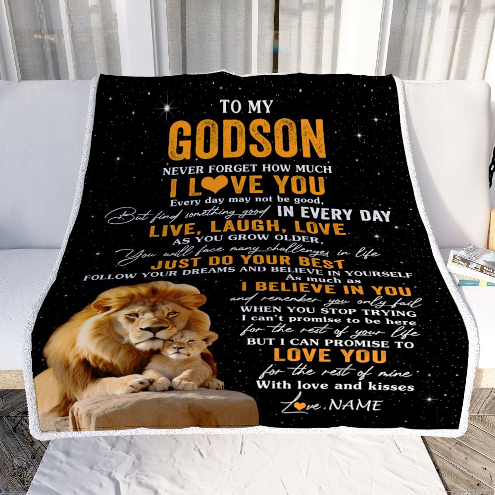 Personalized To My Godson Blanket From Uncle Live Laugh Love Lion Godchild Godson Birthday Gifts Positive Graduation Christmas Customized Fleece Blanket | siriusteestore