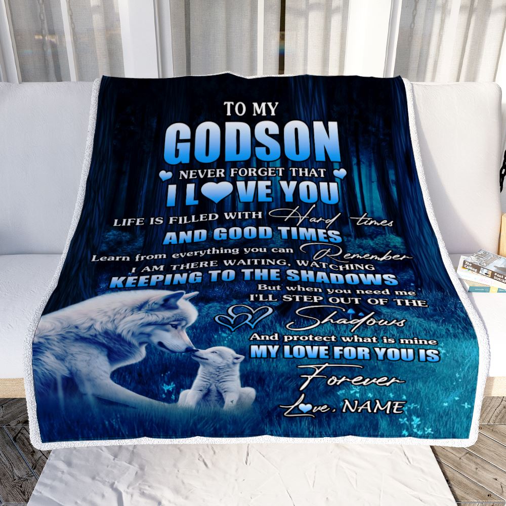 Personalized To My Godson Blanket From Uncle Wolf Never Forget That I Love You Moon Dark Forest Godson Birthday Gifts Christmas Customized Fleece Blanket | siriusteestore