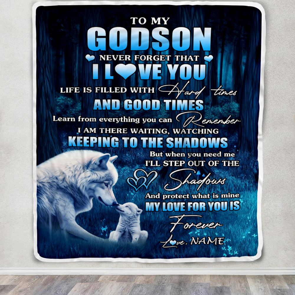 Personalized To My Godson Blanket From Uncle Wolf Never Forget That I Love You Moon Dark Forest Godson Birthday Gifts Christmas Customized Fleece Blanket | siriusteestore