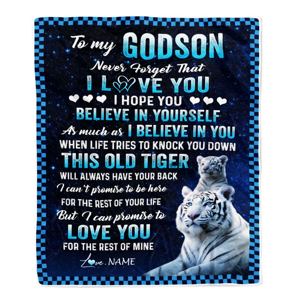 Personalized To My Godson Blanket Gift From Godmother Uncle This Old Tiger Love You Godson Birthday Graduation Christmas Customized Bed Fleece Throw Blanket | siriusteestore