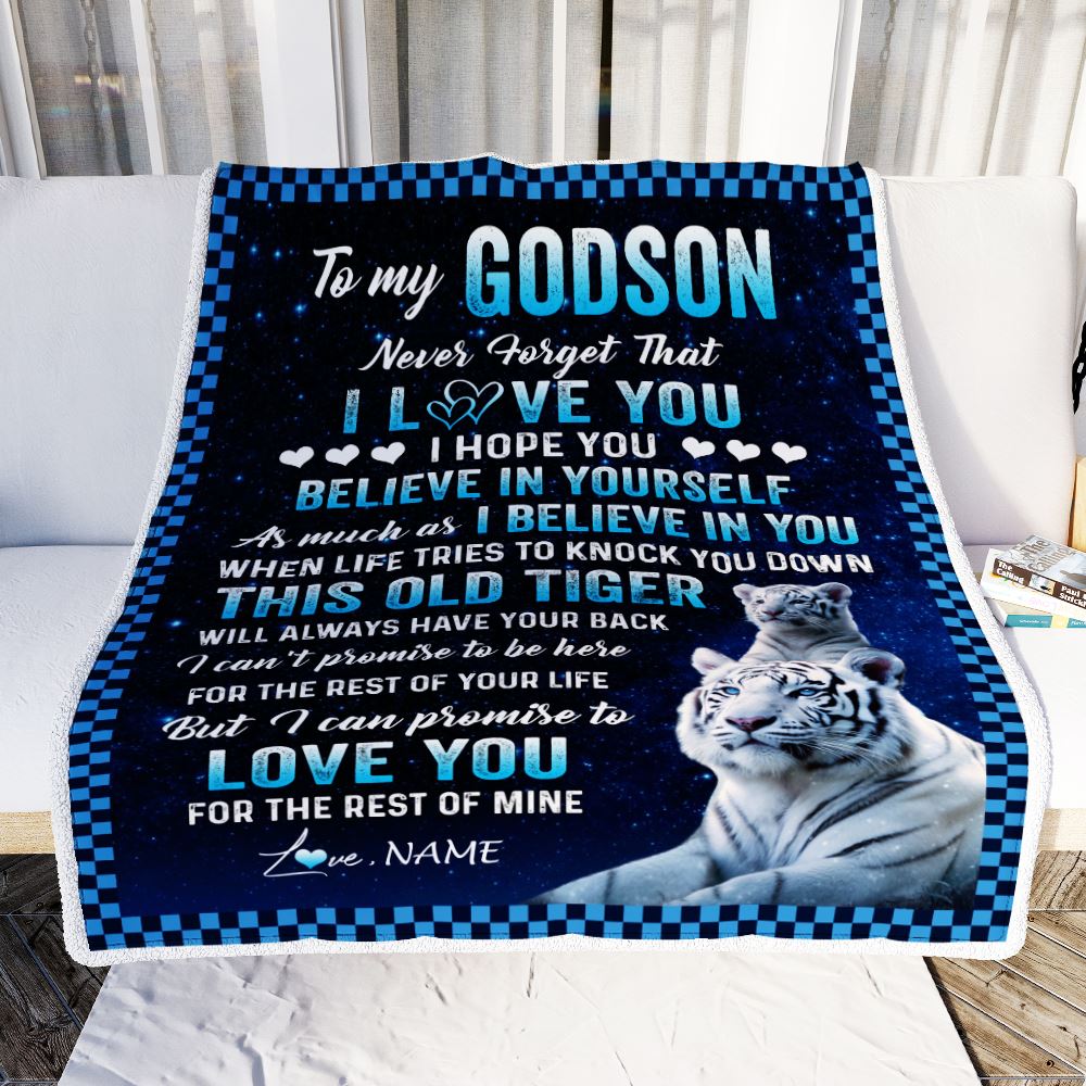 Personalized To My Godson Blanket Gift From Godmother Uncle This Old Tiger Love You Godson Birthday Graduation Christmas Customized Bed Fleece Throw Blanket | siriusteestore