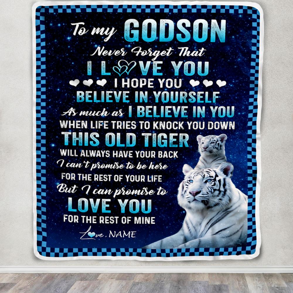 Personalized To My Godson Blanket Gift From Godmother Uncle This Old Tiger Love You Godson Birthday Graduation Christmas Customized Bed Fleece Throw Blanket | siriusteestore