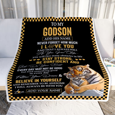 Personalized To My Godson Blanket Tiger I Love You Forever From Godmother Godfather Godson Birthday Gifts Christmas Graduation Customized Fleece Blanket | siriusteestore