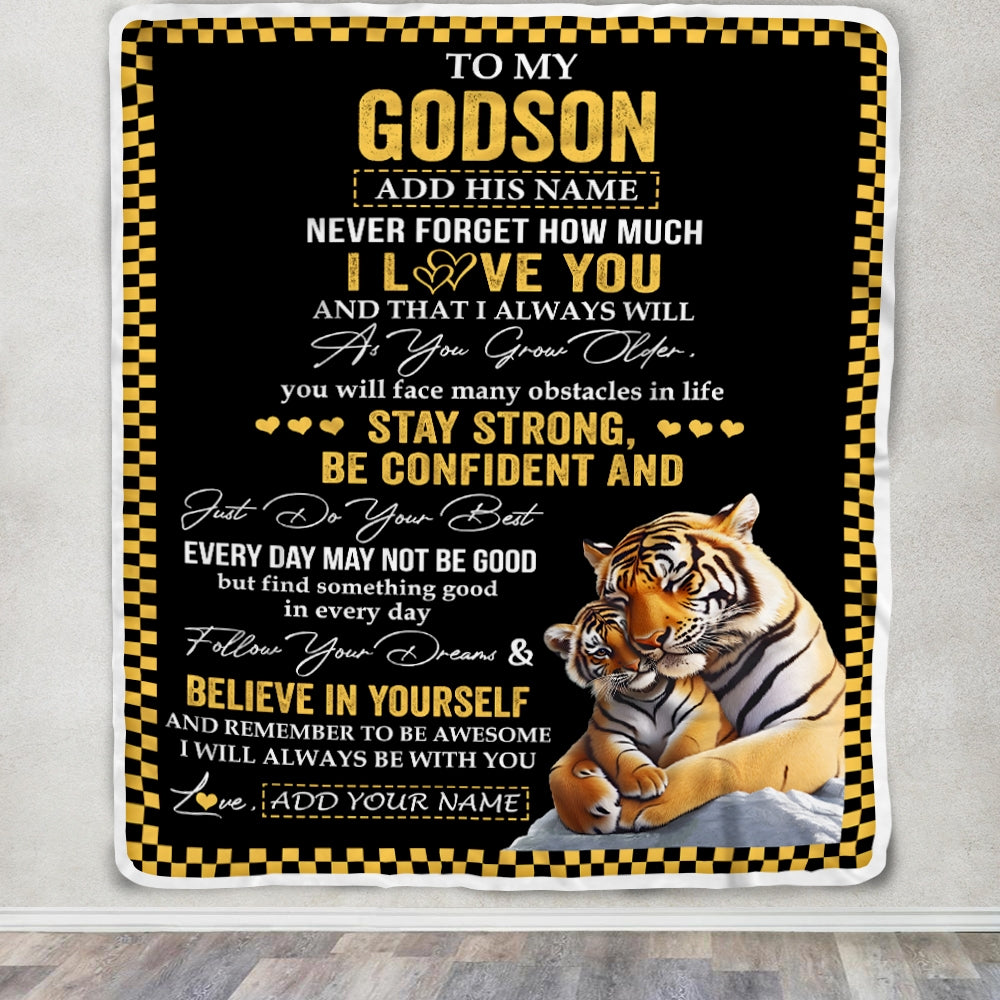 Personalized To My Godson Blanket Tiger I Love You Forever From Godmother Godfather Godson Birthday Gifts Christmas Graduation Customized Fleece Blanket | siriusteestore