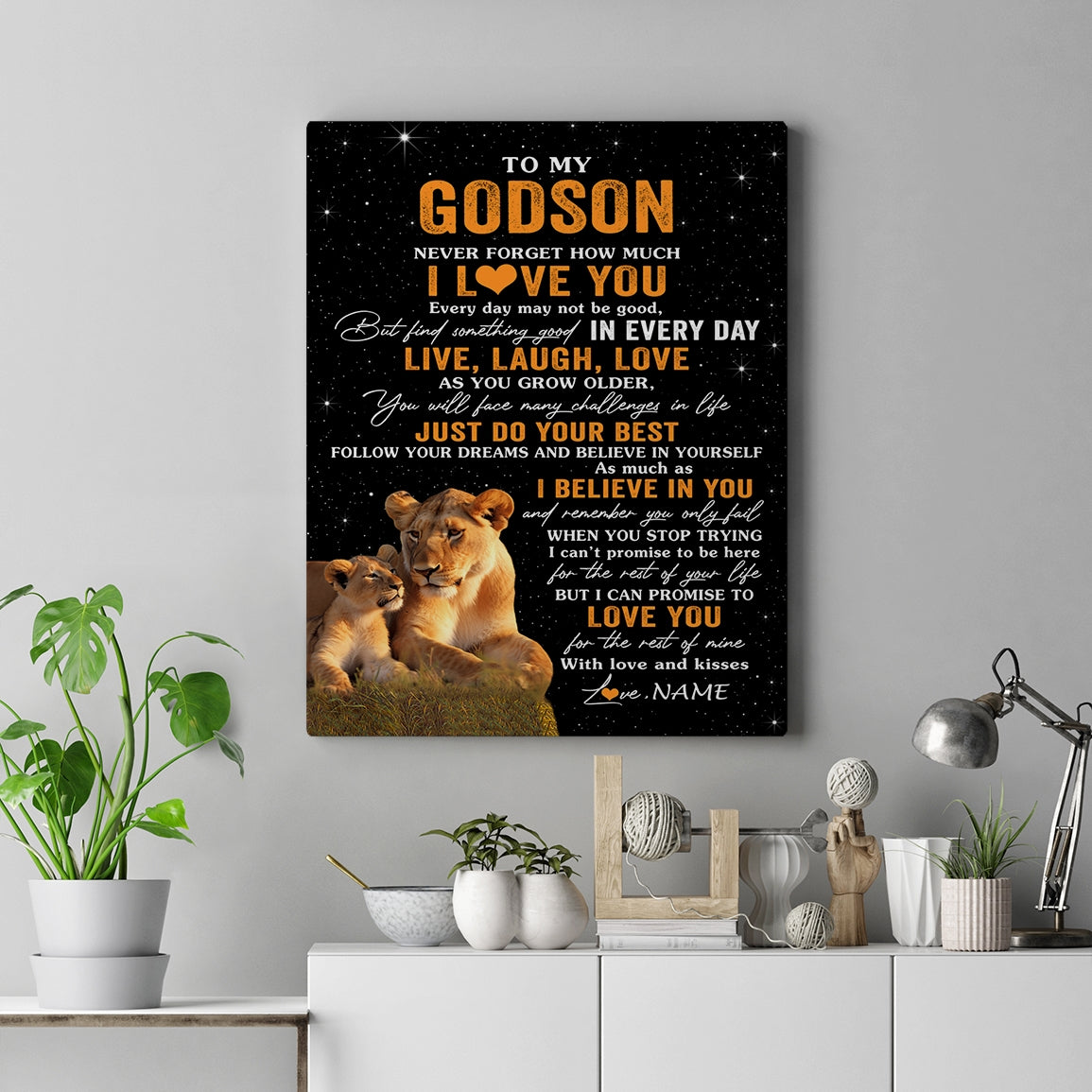 Personalized To My Godson Canvas From Aunt Live Laugh Love Lion Godchild Godson Birthday Gifts Positive Graduation Christmas Custom Wall Art Print Framed Canvas | siriusteestore