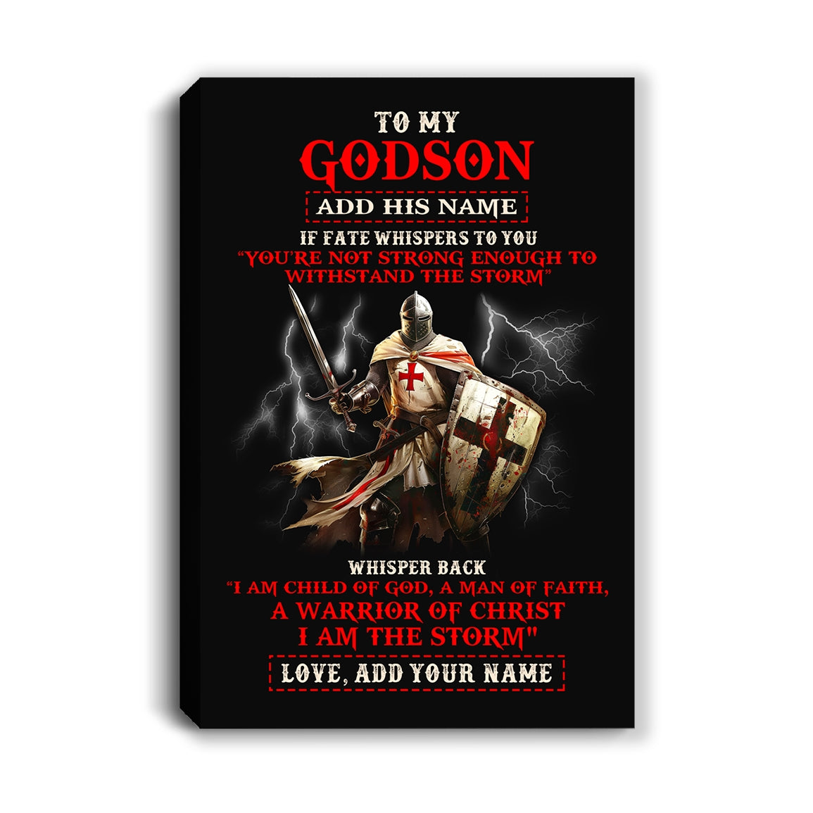 Personalized To My Godson Canvas From Godfather For Men Warrior Knight Templar I Am The Storm Birthday Gifts For Godson Christmas Customized Framed Canvas | siriusteestore