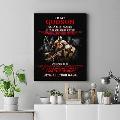 Personalized To My Godson Canvas From Godfather For Men Warrior Knight Templar I Am The Storm Birthday Gifts For Godson Christmas Customized Framed Canvas | siriusteestore