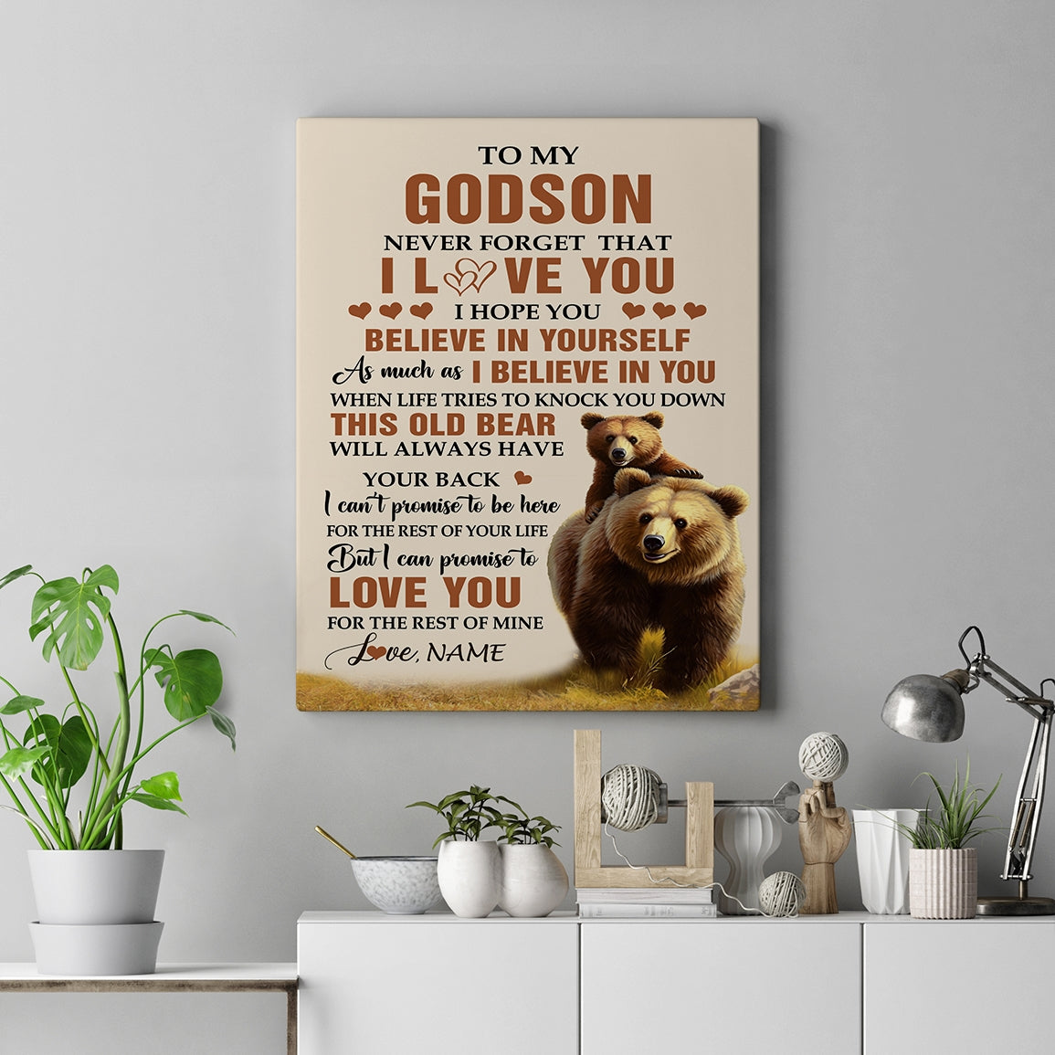 Personalized To My Godson Canvas From Godfather Godmother This Old Bear Love You Godson Birthday Gifts Graduation Christmas Custom Wall Art Print Framed Canvas | siriusteestore