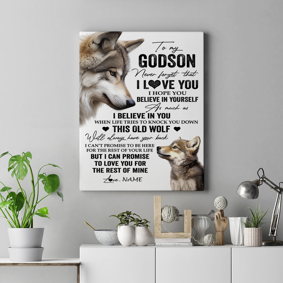 Personalized To My Godson Canvas From Godfather Godmother This Old Wolf Love You Godson Birthday Gifts Graduation Christmas Custom Wall Art Print Framed Canvas | siriusteestore