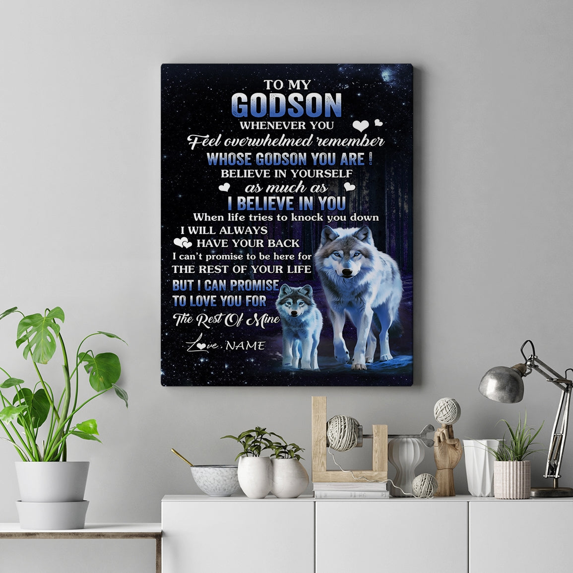 Personalized To My Godson Canvas From Godfather Godmother Whenever You Feel Wolf Godson Birthday Gifts Graduation Christmas Custom Wall Art Print Framed Canvas | siriusteestore