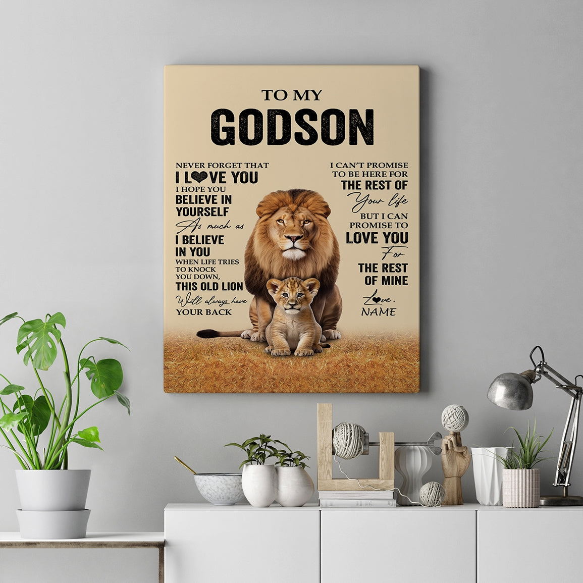 Personalized To My Godson Canvas From Godfather Lion Never Forget That I Love You Godson Birthday Gifts Graduation Christmas Custom Wall Art Print Framed Canvas | siriusteestore